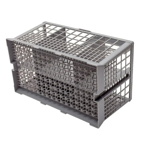 Grey universal dishwasher cutlery basket for utensils fits most brands like GE Whirlpool Samsung Bosch Maytag KitchenAid Kenmore