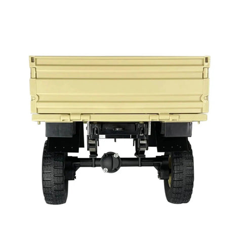 Next Level Yellow RC Car Trailer Cargo Carrier Compatible With LdrC LDP06 Unimog 1/12 Scale RCKIT rear view showing wheels and hitch.