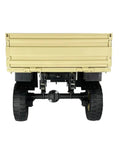 Rear view of yellow cargo carrier for Sweet Rc Car Repair Kit For Unimog One Twelfth Scale Truck with durable wheels.