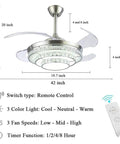 42 Inch Retractable Blade Ceiling Fan Featuring Glowing Crystal Chandelier And Smart Remote Controls For Tunable Led Lights In A Legit Bedroom Or Dope Living Room Vibe, with dimensions and features.