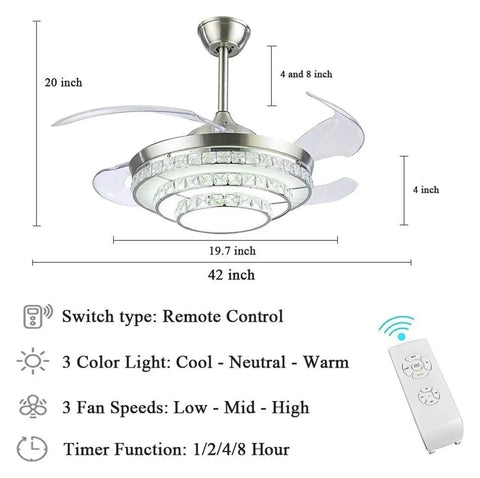 42 Inch Retractable Blade Ceiling Fan Featuring Glowing Crystal Chandelier And Smart Remote Controls For Tunable Led Lights In A Legit Bedroom Or Dope Living Room Vibe, with dimensions and features.