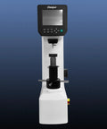 Rock Solid Digital Rockwell Hardness Tester With Four Inch Color Touch Screen And Motorized Build For Smooth HRA HRB HRC Testing Plus Instant Brinell And Vickers Scale Conversion, front view with monitor.