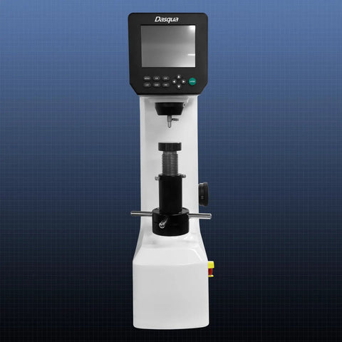 Rock Solid Digital Rockwell Hardness Tester With Four Inch Color Touch Screen And Motorized Build For Smooth HRA HRB HRC Testing Plus Instant Brinell And Vickers Scale Conversion, front view with monitor.