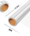 Wide 17.5 Inch Clear Cellophane Wrap Roll, 50 Feet Long, 3 Mil Thick, showing detailed core and measurements, ideal for packaging.