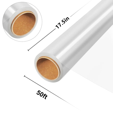 Wide 17.5 Inch Clear Cellophane Wrap Roll, 50 Feet Long, 3 Mil Thick, showing detailed core and measurements, ideal for packaging.