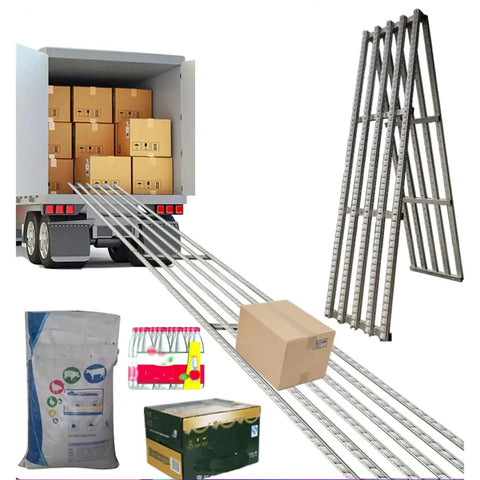Slick Foldable Gravity Conveyor For Smooth Warehouse Shipping, Lightweight Non Powered Cart System with ABS rollers unloading boxes from truck.