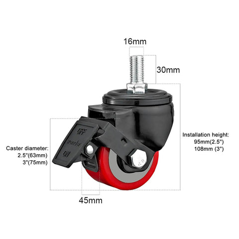 Heavy Duty Swivel Caster Wheels With Brakes For Furniture, Workbench, Cart And Garage, M Threaded Stem, Quiet PU Wheels