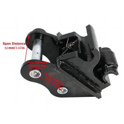 Mechanical Quick Hitch System For Mini Excavator 0.5 To 3 Ton, showing side view with span and pin measurements labeled.