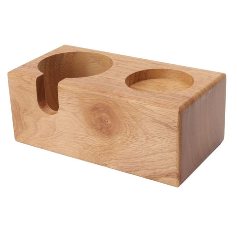 Sweet Beech Wood Coffee Tamper Stand With Clever Side Nook Securely Stores 51 To 58 Mm Tools, smooth solid wood, flat non-slip surface.