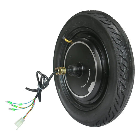 14 Inch 36 Volt 500 Watt Brushless Hub Motor Wheel With Integrated Drum Brake For Electric Scooter And Electric Bike Conversion, rear view with wires.