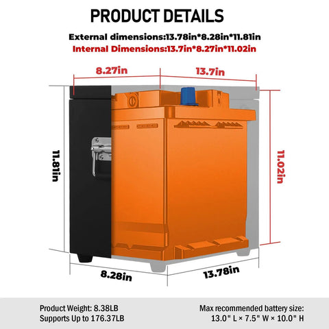 Product dimensions of Premium Stainless Steel Battery Box For Group 27 Marine Boat And Rv Trailer, showing size and specifications.