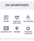 Six advantages of Top Shelf Portable Digital Fruit Hardness Tester and Penetrometer including LCD, alarms, and modes.