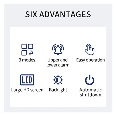 Six advantages of Top Shelf Portable Digital Fruit Hardness Tester and Penetrometer including LCD, alarms, and modes.
