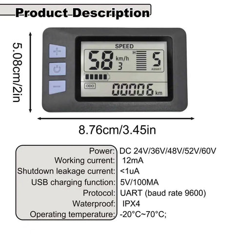 Electric Bicycle LCD Dashboard Panel For Scooters 24V 36V 48V 60V 5 Pin Connector dimensions and specifications shown.