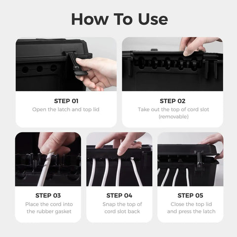 Step-by-step instructions to use Beefy Heavy Duty Outdoor Electrical Junction Box IP54 Weatherproof Rain Shield in matte black.