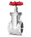 Stainless steel gate valve, 4-inch NPT, red handwheel, female x female threaded ends