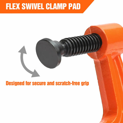Flex swivel clamp pad of heavy duty 3 inch c clamp featuring powder coated orange ductile iron frame and zinc plated acme screw.