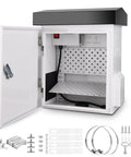 Open view of outdoor electrical enclosure with thermostat, 100W heater, 12W fan, and accessories for telecom systems; IP65 steel, 15.9x13.4x9.6 in.