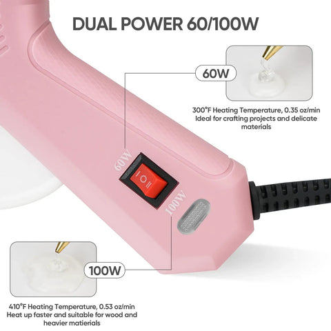Full Size Dual Power Hot Glue Gun With 60W 100W Settings Preheats Fast For Pro Crafting DIY Jobs Includes 21 Glue Sticks And Storage Case Heavy Duty Pink, pink dual-temp glue gun