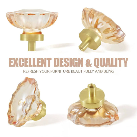 Four Pack Glass Cabinet Knobs And Pulls With Oval Champagne Crystal Knobs On Satin Brass Brushed Gold Base For Dresser Wardrobe And Cabinet Drawers Easy Install With Three Screw Options