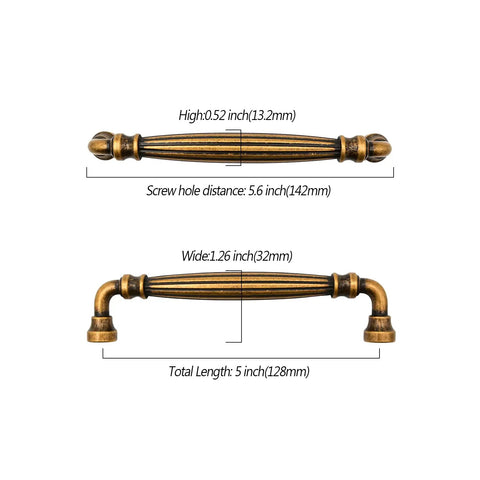 10 Pack 5 Inch Brushed Antique Brass Kitchen Cabinet Handles Super Easy Install Metal Pulls Rust Proof Finish Anti Corrosion Heavy Duty Durable Cabinet Hardware For Modern Kitchens, 5 inch handle with 128mm hole spacing
