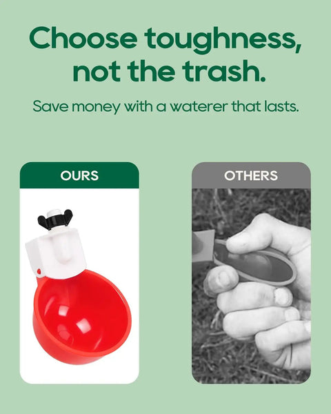 68 Piece Sleek Chicken Waterer Cups Delivering No Sweat Automatic Leak Proof poultry watering cups in vibrant red.
