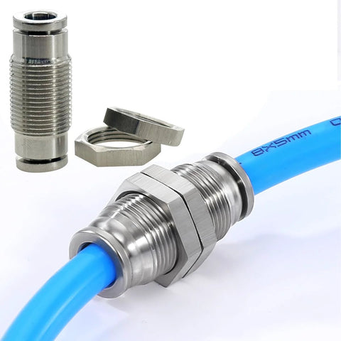 Two stainless steel bulkhead union push-to-connect pneumatic fittings with 3/8 in tube OD and blue hose
