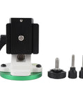 Front view of versatile latitude adjustment telescope base in aluminum alloy with equatorial mount wedge and tripod screws.