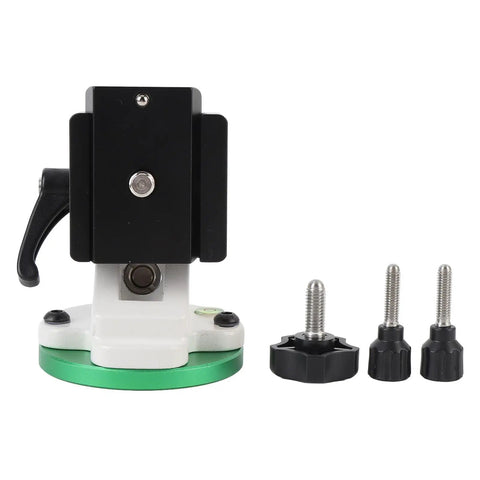 Front view of versatile latitude adjustment telescope base in aluminum alloy with equatorial mount wedge and tripod screws.