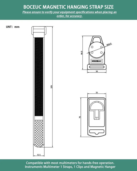 Technical drawing of the Magnetic Hanging Strap for Fluke Multimeters And 115 116 117 175 177 179 15B Plus 17B Plus 18B Plus 87V 287 289 Black Mount Magnet Or Hangable Holder For On The Job Convenience, showing dimensions and components.