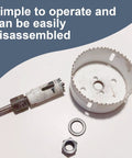 Knockout Hole Saw Arbor Adapter Converts One Half To Five Eighths Thread Fits One Twenty Five Through Six Inch Blades Compatible With Standard Bushing Kits For Plug And Play Setup And Ridiculous Durability, disassembled view with components.