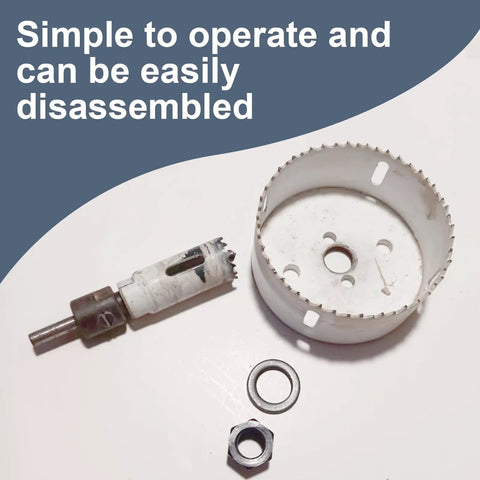 Knockout Hole Saw Arbor Adapter Converts One Half To Five Eighths Thread Fits One Twenty Five Through Six Inch Blades Compatible With Standard Bushing Kits For Plug And Play Setup And Ridiculous Durability, disassembled view with components.