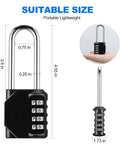 4 Digit Combination Padlock For School And Gym Lockers No Key Needed Long Shackle Resettable 10 Pack Black Durable Metal Security Lock For Fence Toolbox Case And Cabinets, showing dimensions and handheld view