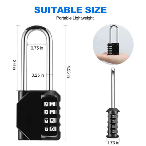 4 Digit Combination Padlock For School And Gym Lockers No Key Needed Long Shackle Resettable 10 Pack Black Durable Metal Security Lock For Fence Toolbox Case And Cabinets, showing dimensions and handheld view