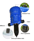 Water Powered Fertilizer Injector Dispenser Proportioner Auto Dosing Tool For Irrigation And Hydroponics, Adjustable 0.2 To 2 Percent, Handles 12 To 3000 Liters Per Hour, Temperature Range 4 C To 30 C, Controllable Dosing Device, blue plastic unit with inlet and flow regulation