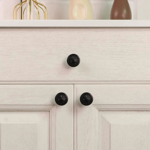 Matte Black Dope Round Cabinet Knobs Set of Fifteen for Cabinets and Drawers, 36mm Diameter Flower Shape Zinc Alloy Hardware on drawers