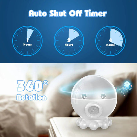 Kids Night Light With Remote And Timer, 360 Degree Rotation Projector on bedside, showing auto shut off timer feature
