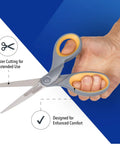 Hand holding 8 Inch Titanium Bonded Scissors For Home Office And Classroom, ergonomic soft grip, gray and yellow