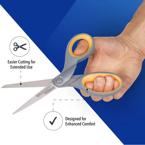 Hand holding 8 Inch Titanium Bonded Scissors For Home Office And Classroom, ergonomic soft grip, gray and yellow
