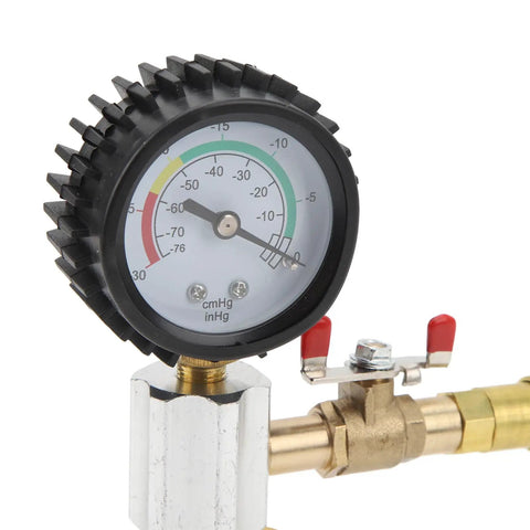 Close-up of pressure gauge on Vacuum Antifreeze Change Fill Kit For Cars Vans SUVs And Trucks Pneumatic Radiator Cooling System