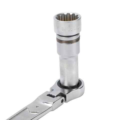 Pass Through Socket Set With Three Eighths And One Half Inch Drive Sockets Seventy Two Tooth Reversible Ratchet shown with socket attached