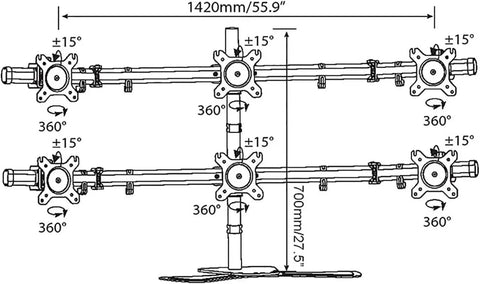 Rock Solid Six Monitor Desk Stand With Full Articulation Arms For 15 To 27 Inch Displays detailed technical diagram.