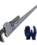 Heavy Duty 36 Inch Aluminum Pipe Wrench With Six And A Quarter Inch Jaw Opening Adjustable CrMo Jaw Straight Aluminum Handle Plumbing Tool For Tight Grips Beast Wrench For Big Pipes next to work gloves.
