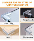 Four types of Ten Pack Super Soft Baby Corner Protectors on glass table, desk, range hood, and dining table corners.