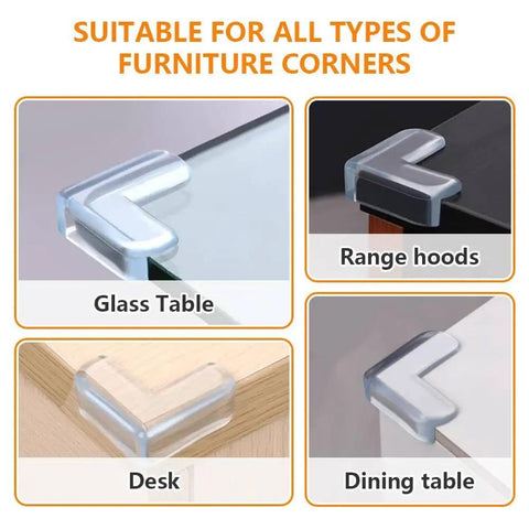 Four types of Ten Pack Super Soft Baby Corner Protectors on glass table, desk, range hood, and dining table corners.