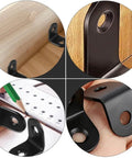 Close-up of black stainless steel right angle corner brackets in use for shelves and chests, included in 18-piece set with screws.