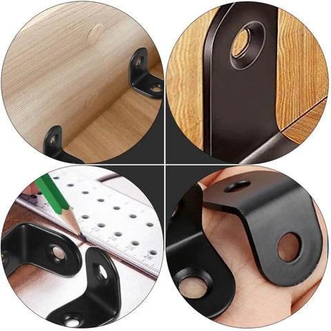 Close-up of black stainless steel right angle corner brackets in use for shelves and chests, included in 18-piece set with screws.