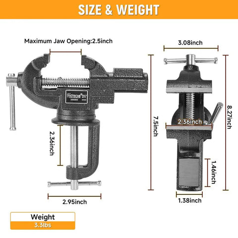 2-Inch Universal Table Vise With 360 Degree Swivel Base, Must-Have Portable Clamp-On Workbench Vice With Built-In Anvil For Hobbyist Jewelry Making, Electronics, Woodworking, And Precision DIY Projects. size chart