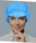 Top Shelf Anti Static Work Cap Set Slick Blue Protective Hats For Cleanrooms Industrial Workshops Factory Floors Comfortable Durable Lightweight Breathable Cover Gonna Rock All Day Long, worn by a woman.