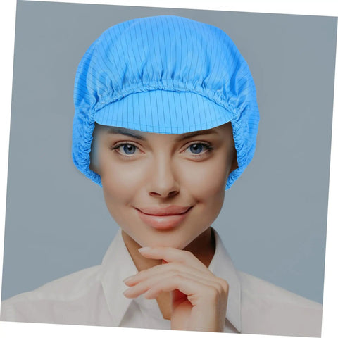 Top Shelf Anti Static Work Cap Set Slick Blue Protective Hats For Cleanrooms Industrial Workshops Factory Floors Comfortable Durable Lightweight Breathable Cover Gonna Rock All Day Long, worn by a woman.